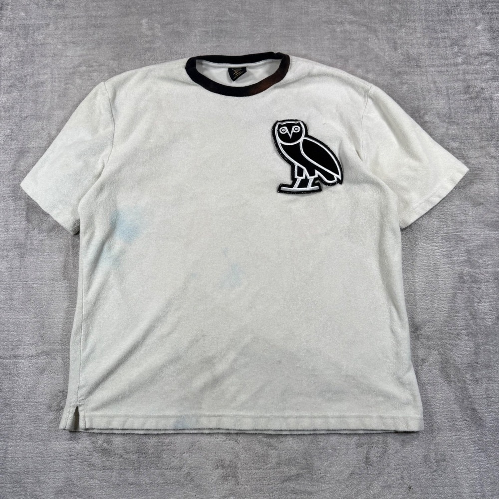 OVO Shirt Mens Medium White Owl Patch Terry Cloth October's Very Own Tee